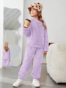 SHEIN Tween Mädchen 2-teiliges Set - einfarbiges flauschiges Kapuzen-Oberteil und extra lange Hose, locker, für Herbst und Winter, lässig - Mauve - Übersicht 7