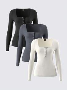 SHEIN BASICS 3pcs/Set Women's Casual Plain Knit Long Sleeve Fitted Crew Neck Half-Open Front T-Shirt