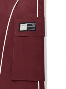 Claim Dot Loose Fit Men's Letter Patched Detail Contrast Piping Flap Pocket Side Cargo Pants - Burgundy - View 5