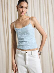 AiiRZ Rave Sequin Lace Spaghetti Strap Cami Top - Baby Blue - View 1