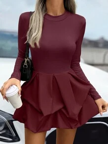 SHEIN Unity Plus Size Solid Color Bodycon Long Sleeve Dress, Fashionable Burgundy Color Women Outfit - Burgundy - View 3
