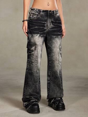 Grunge Punk Jeans de mujer con lavado vintage, pliegues, múltiples bolsillos, efecto desgastado y degradado, con estilo callejero holgado y retro