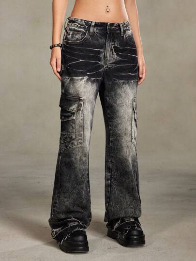 Grunge Punk Jeans vintage femme décontracté de style rue, rétro, déchiré, dégradé, plissé, à poches multiples, lavage vintage