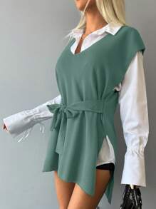 EURMUSE Women's Solid Color V-Neck Batwing Sleeve Casual Sweater Vest