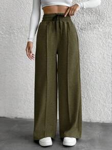 Cottnline Cotton Petite Drawstring Waist Wide Leg Pants - Army Green - View 4