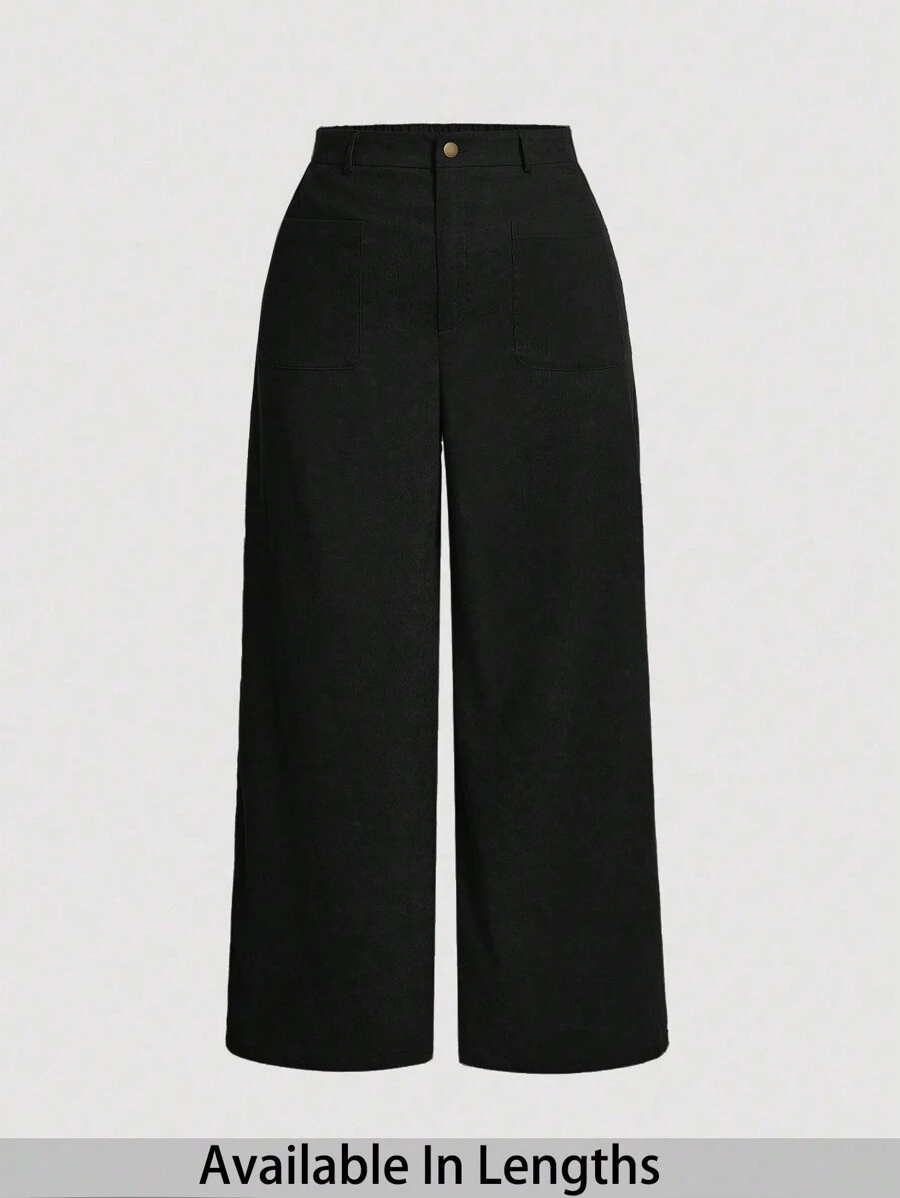 SHEIN PETITE CURVE Plus Size Casual Solid Color Wide Leg Pants - Black - View 1