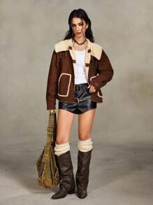 ROMWE Grunge Punk Vintage Corduroy & Faux Fur Patchwork Women Jacket, Autumn/Winter