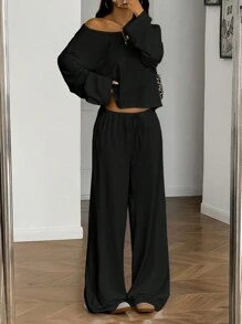 SHEIN EZwear 2 件套女士休闲纯色不对称领长袖上衣和系带长裤套装，秋季 - 黑色 - 查看 3