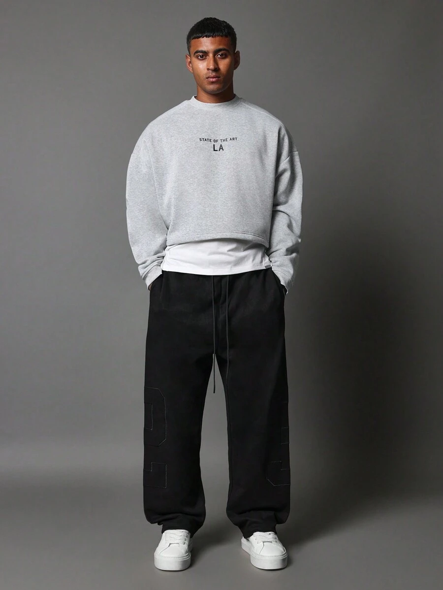 SUMWON State Of The Art LA Logo Cropped Sweatshirt Athletic Cut Cozy Winter Fleece Urban Streetwear Casual Layer Pullover Top College Campus - Light Grey - View 1