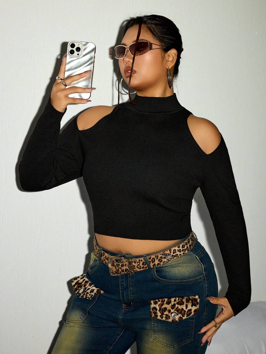 SHEIN ICON Plus Size Women's Black Knit Stand Collar Shoulder Hollow Long Sleeve Cropped Pullover Sweater - Black - View 1