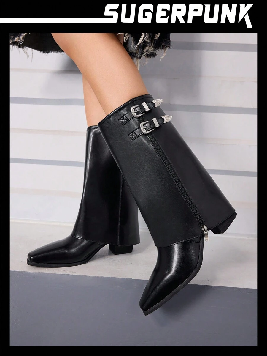 Sugerpunk Giày bốt cao đến đầu gối cho nữ, kiểu dáng Punk Rock, màu đen, gót dày, da, bốt cao đến giữa bắp chân, phong cách Punk thường ngày/đường phố - màu đen - Xem 1