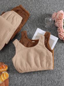 SHEIN 4pcs Tween Girl Minimalist Cozy Short Cropped Vest And Drawstring Ankle Pants Fleece Homewear Set, Autumn/Winter
