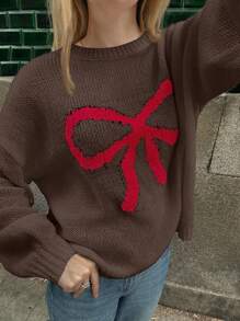 Forever 21 新品圆领超大蝴蝶结拼色宽松休闲针织毛衣，适合秋冬季 - 棕色 - 查看 8