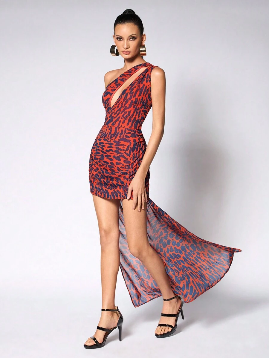 JIAN LASALA Women Red Maxi Dresses Party,Sexy Asymmetrical Neck Sleeveless All Over Print Ruched,Cut Out,Split Thigh Summer Outfits For Women Summer Dress For Women Sundress For Women Vacation Outfits Going Out, Beach Outfits For Woman - Red - View 1