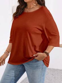 SHEIN LUNE Plus Size Crew Neck Short Sleeve Solid Color Simple Loose Casual Comfy T-Shirt Fall - Coral Orange - View 5