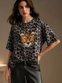 Anewsta 女式现代豹纹铆钉装饰宽松圆领 T 恤图案猎豹印花 T 恤女式上衣 - 灰色 - 查看 1