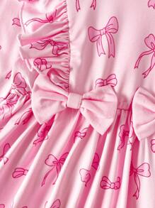 SHEIN Baby Girl Infant Autumn/Winter Casual Cute Basic Outing Round Neck Pullover Long Sleeve Soft Knit Fabric Heart & Bow Pattern Long Sleeve Dress Pink - Pink - View 4