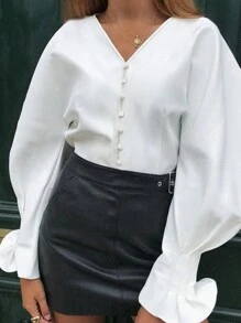 SHEIN Unity Women Elegant V-Neck Decorated Cuff Pleated Long Sleeve Blouse