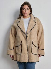 Aveloria Plus Size French Chic Versatile Turndown Collar Contrast Color Shell Embroidery Faux Pocket Jacket 