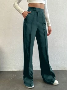 SHEIN Tall 高码女式口袋裤，商务西装裤 - 墨綠色 - 查看 5