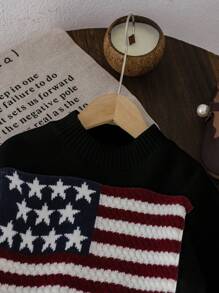 Oversized American Flag Pattern Drop Shoulder Sweater, Fashionable Casual Pullover For Tween Girls - Black - View 7