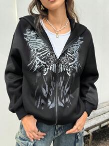 INAWLY 女士秋冬新款宽松休闲复古印花拉链连帽衫运动衫 - 黑色 - 查看 1