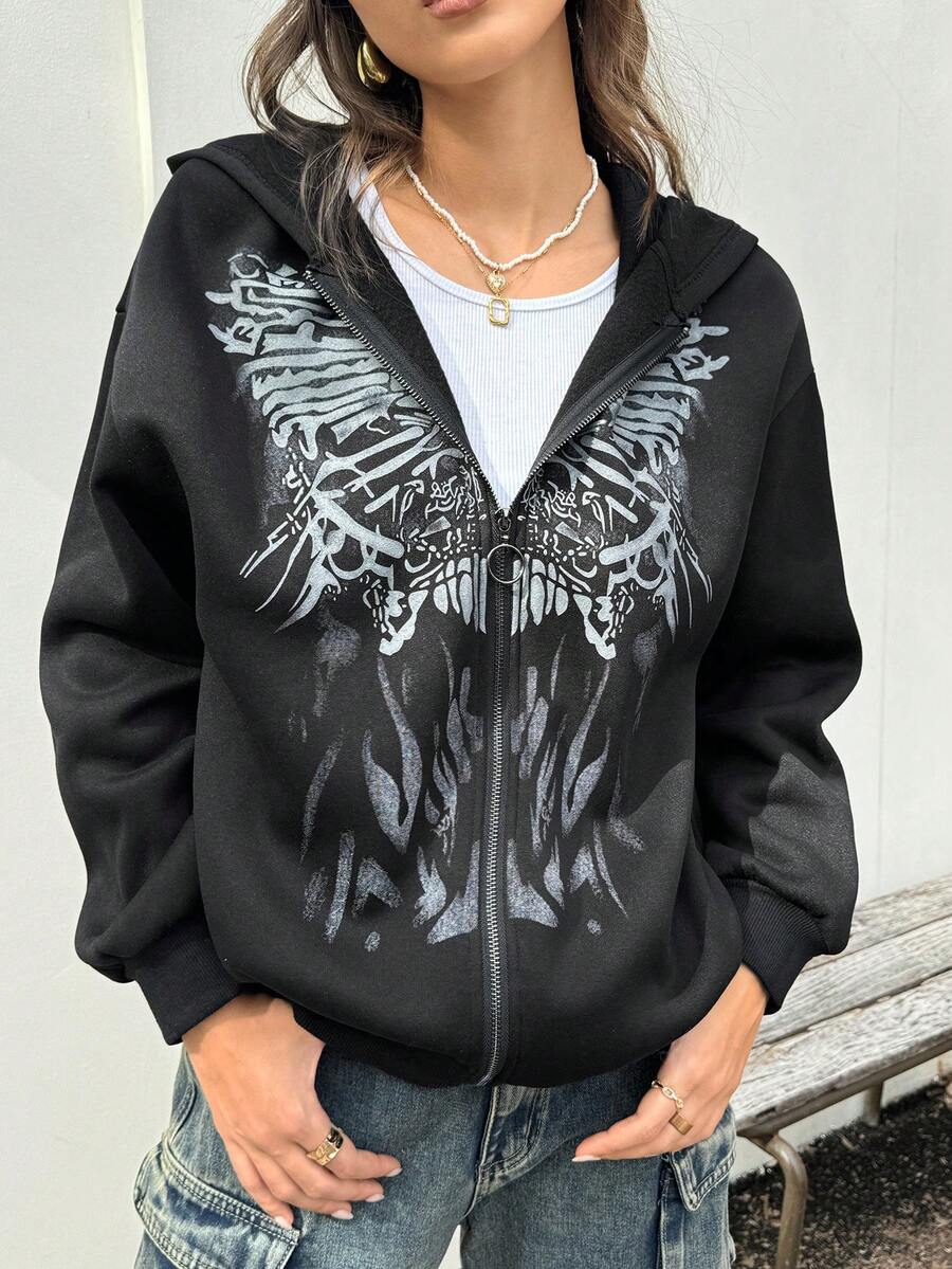 INAWLY 女士秋冬新款宽松休闲复古印花拉链连帽衫运动衫 - 黑色 - 查看 1