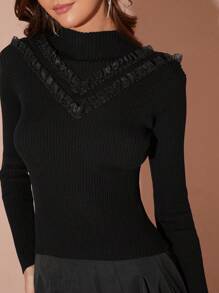 Enchnt 女士纯色优雅荷叶边高领长袖毛衣，秋冬款 - 黑色 - 查看 3