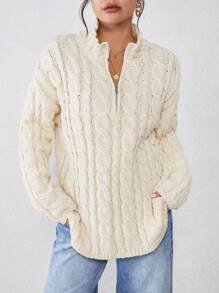 SHEIN EZwear Jersey de punto suelto de cuello alto de unicolor y manga larga, un cálido suéter navideño para mujer, ropa de mujer para clima frío de invierno