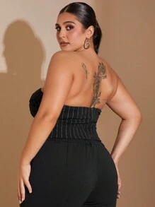 SHEIN BAE Plus Size Curve Elegant Black And White Striped Corset Tops, Summer Open Back Tanktop For Night ,Casual Commuting Crop Fall Clothes - Black - View 2