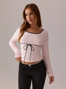 SHEIN SXY 秋冬撞色蕾丝边抽绳领纯色修身长袖 T 恤；粉色上衣；时尚百搭简约 - 珊瑚粉 - 查看 6