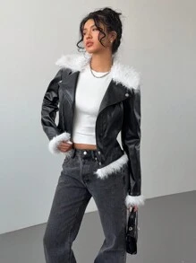 Aloruh 新款秋冬女士 PU 拼接蓬蓬领皮夹克