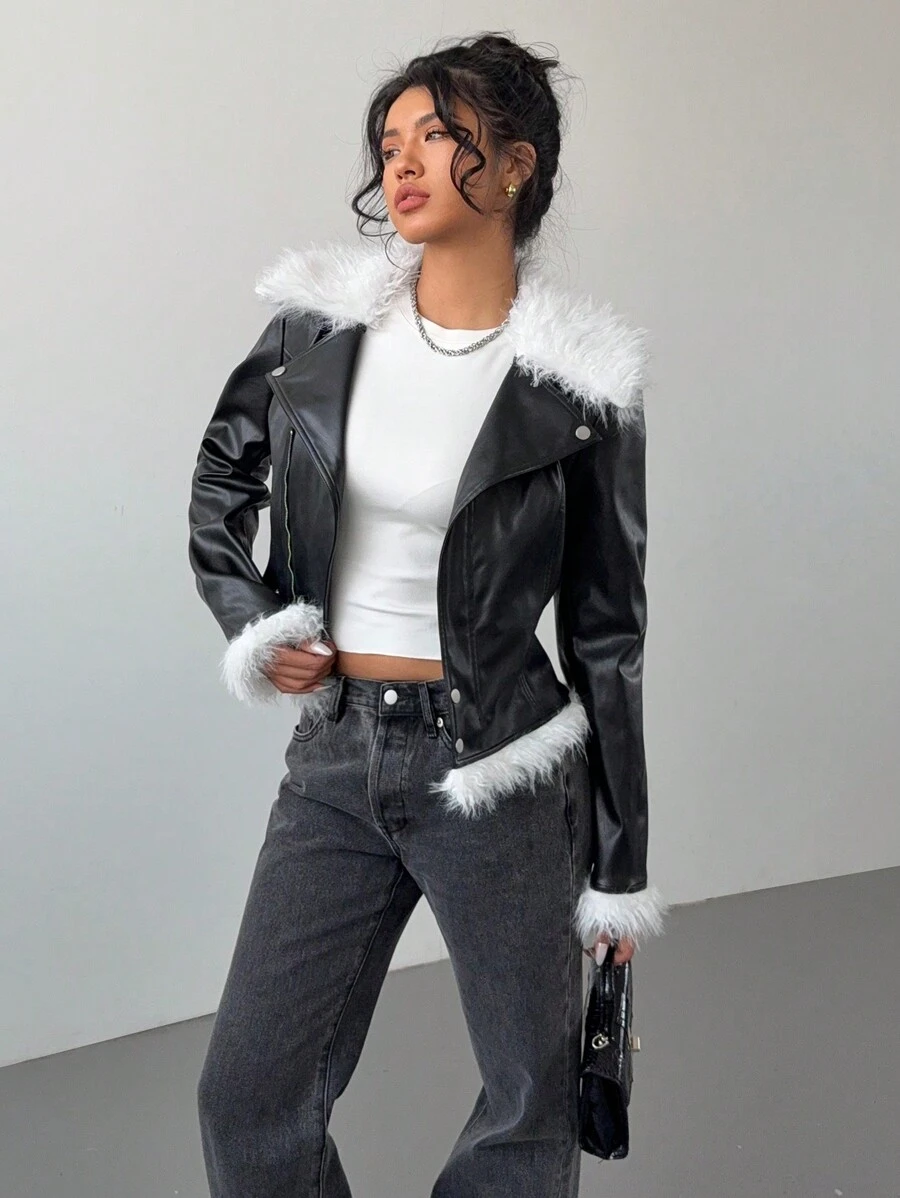 Aloruh 新款秋冬女士 PU 拼接蓬蓬领皮夹克