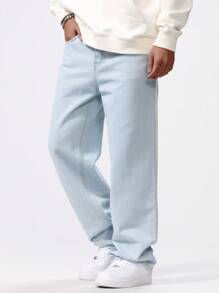 Manfinity Hypemode Pantalones vaqueros casuales de estilo simple con botones delanteros y bolsillos para hombres de talla grande, pantalones vaqueros tipo cargo lavados sencillos y holgados de color azul claro, ideal como regalo para el esposo o novio