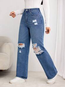 SHEIN LUNE Quần Jeans Ống Thẳng Thường Ngày Cho Nữ - Màu xanh lam - Xem 7