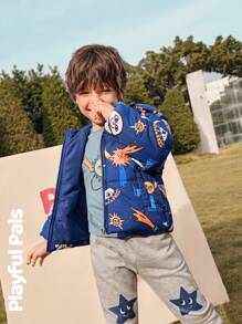 SHEIN 1 pieza Abrigo de invierno para niño pequeño con estampado de planeta divertido, lindo/vintage/casual/para casa/para exteriores en invierno/otoño - Azul Marino - Ver 7