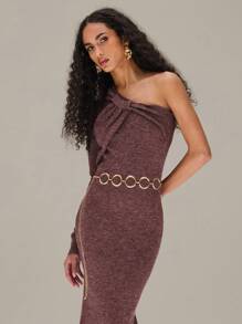 SHEIN Unity Twist Front Asymmetrical Long Sleeve Knitted Dress New Year Fall Cloth For Women - Brown - View 5