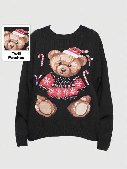 Niedlicher Teddybär Applikation Weihnachtsgeschenk Lässiger Rundhals Damen Pullover Sweater, im Retro Amerikanischen Stil