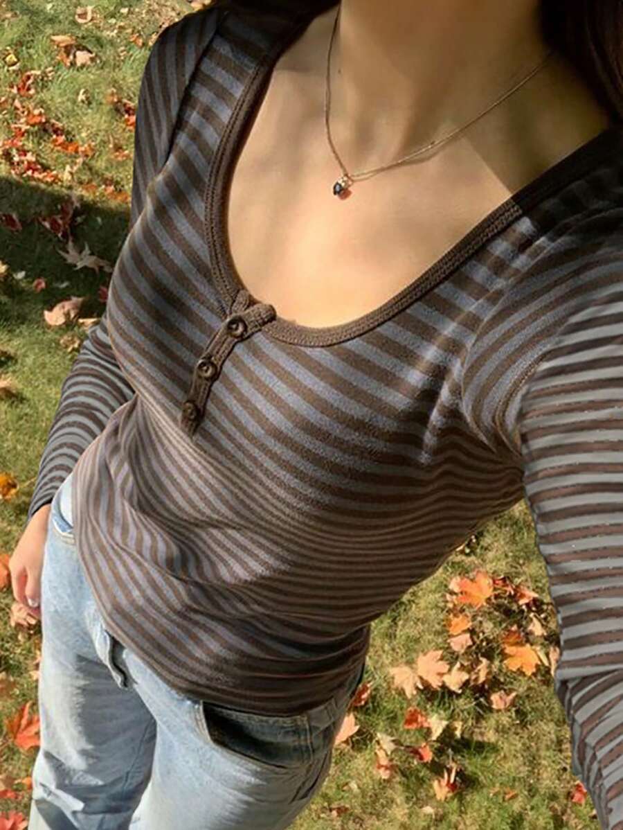 INAWLY 女士休闲拼色条纹长袖T恤，秋季图案T恤，女士春季上衣 - 彩色 - 查看 1