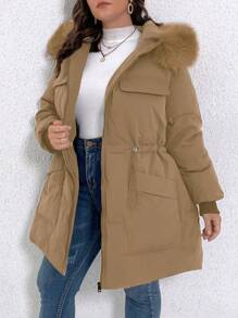 Calvaya 大码女式纯色收腰蓬松拼接连帽派克大衣，秋冬装