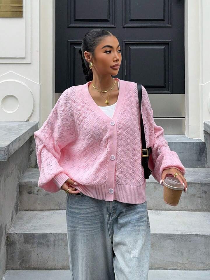 SHEIN EZwear Hot Pink Drop Shoulder Ribbed Knit Cardigan
