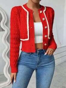 Chiquease Áo len cardigan cắt ngắn đan xoắn cho trang phục năm mới - Đỏ - Xem 4