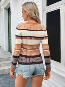 SHEIN LUNE Striped Pattern Ribbed Knit Sweater,Long Sleeve Tops In Fall/Winter