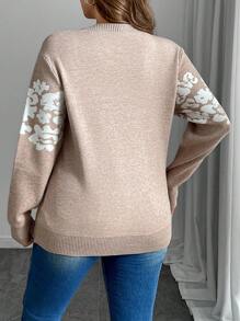 SHEIN LUNE Áo len dài tay cổ tròn họa tiết hoa cỡ lớn, kiểu dáng thường ngày, đa năng, thích hợp mặc mùa thu đông. - Lạc đà - Xem 2