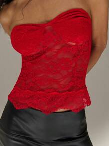 SHEIN Unity Cup Detail Fitted Lace Bandeau Fashion Top For New Year Holiday Party Clothes New Years - Red - View 4