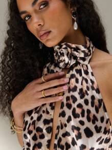 SHEIN Unity 3D Rose Leopard Printed Satin Low Back Halter Dress Maxi Women Outfit Cheetah Print