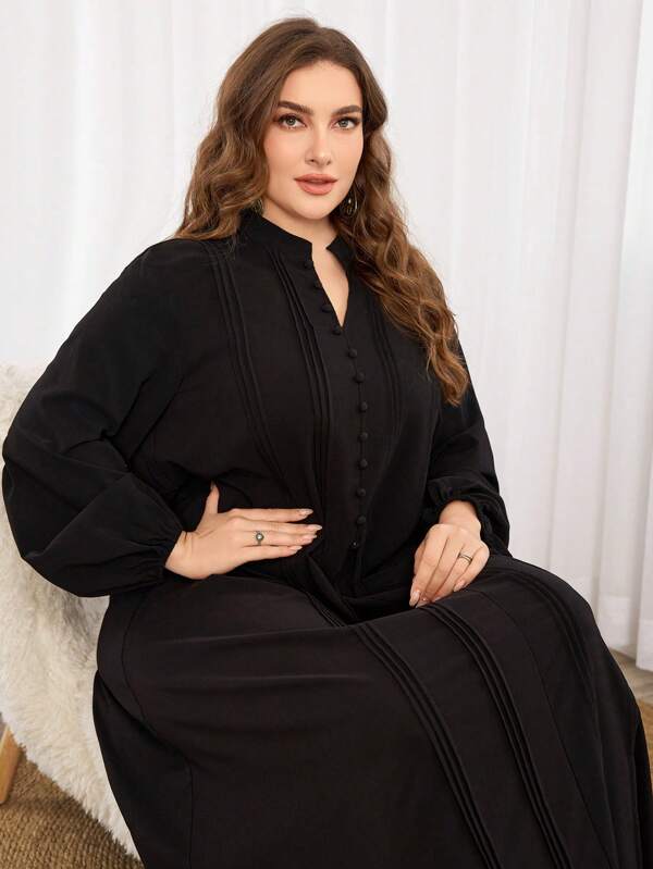 Al Najma Robe élégante à col montant pour femmes de grande taille, style à traîne, coupe droite et boutonnage simple. Robe de type abaya arabe à manches longues, sobre et décontractée, pour un usage quotidien