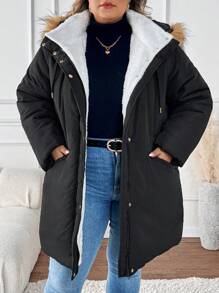 SHEIN CURVE+ Manteau matelassé à capuche, en patchwork moelleux avec poches, pour femmes en grande taille pour l'hiver