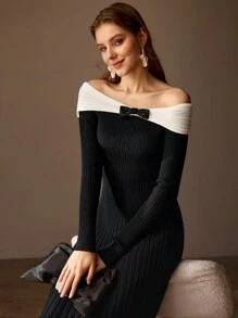 MOTF PREMIUM WOOL CONTRAST FOLDOVER OFF SHOULDER BEADED BOW DETAIL RIB-KNIT DRESS WITHOUT BELT - Black and White - View 6