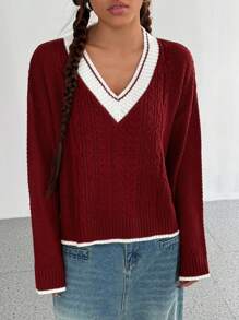 Flirla 女士秋冬休闲撞色 V 领纹理毛衣 - 彩色 - 查看 5